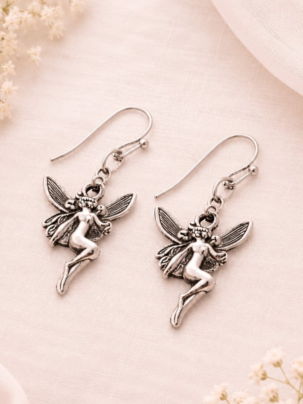 Antiqued Silver Woodland Fairy Dangle Earrings Whimsical